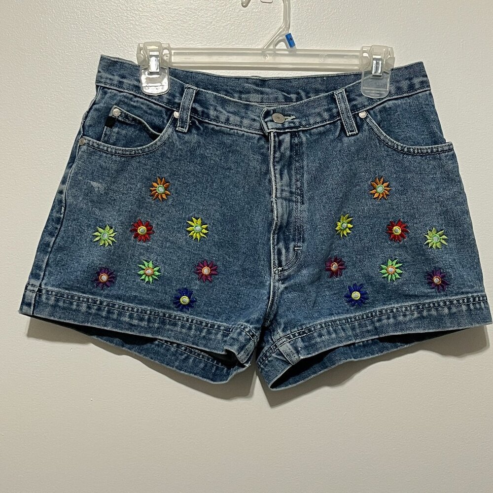 No Boundaries Dark Blue Denim Jean Shorts with Multicolor Flower Embroidery